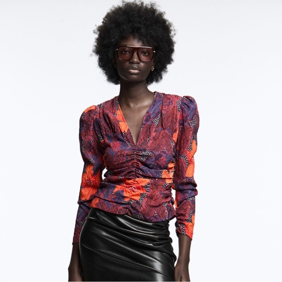 Zara Tops - Zara Red People Floral Ruched Top XS